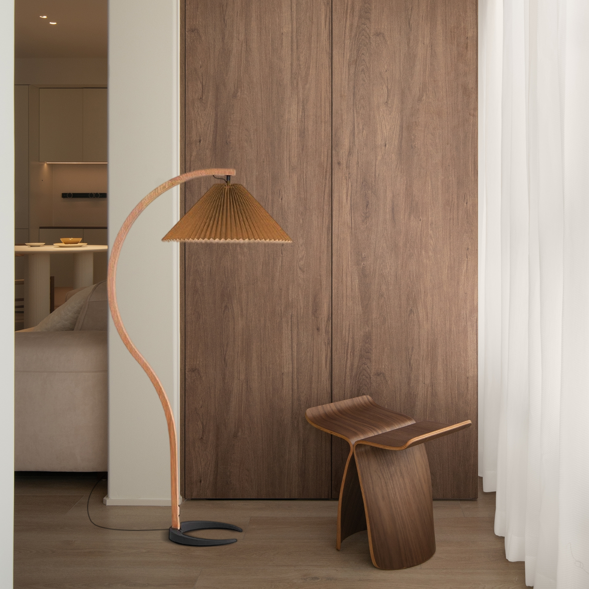 Modern Coffee Floor Lamp Wood Fabric