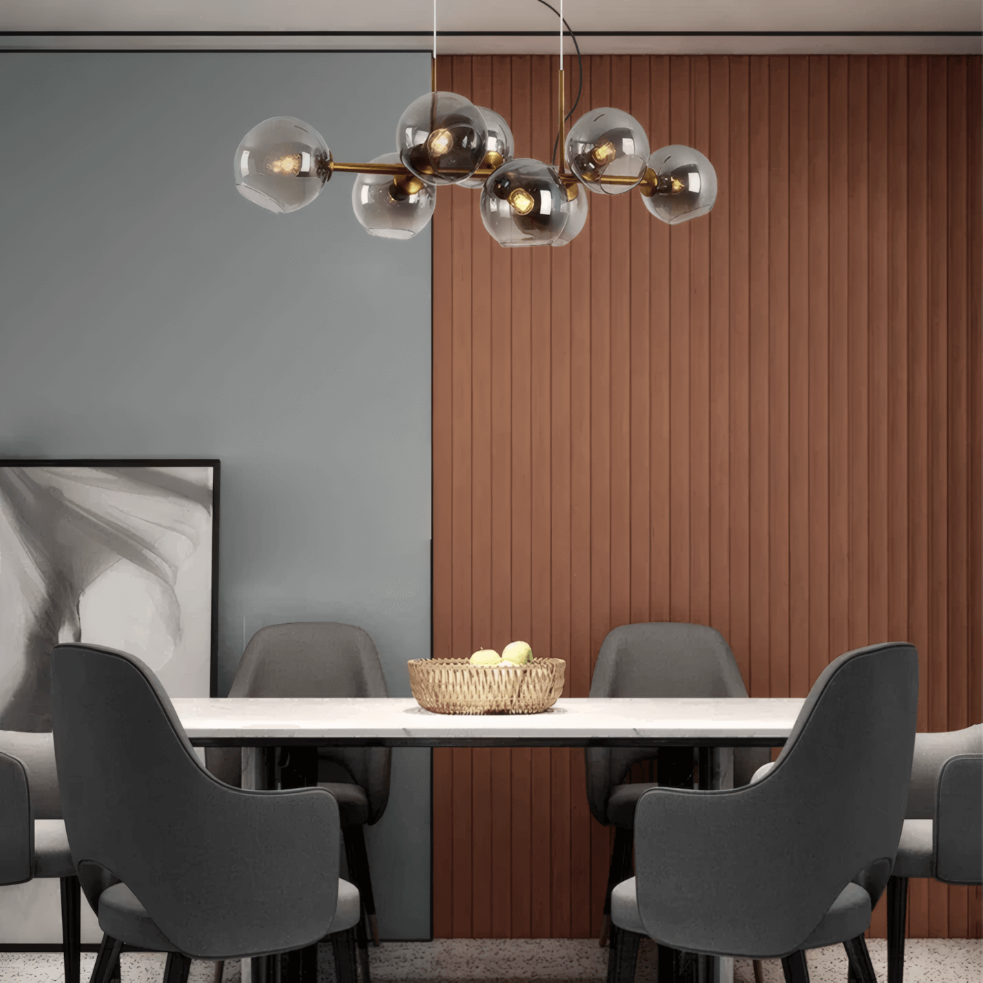Modern Smoky Gray Glass LED Chandelier with Gold fixture for Dining Room