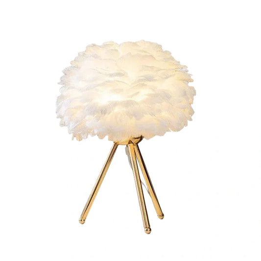 Lunara Art Deco Table Lamp – Feather& Metal Tripod Base for Children's Room/Bedroom