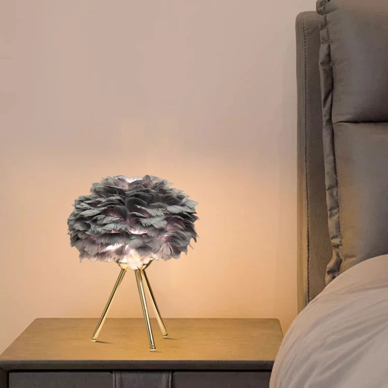  Table Lamp – Feather& Metal Tripod Base for Children's Room/Bedroom