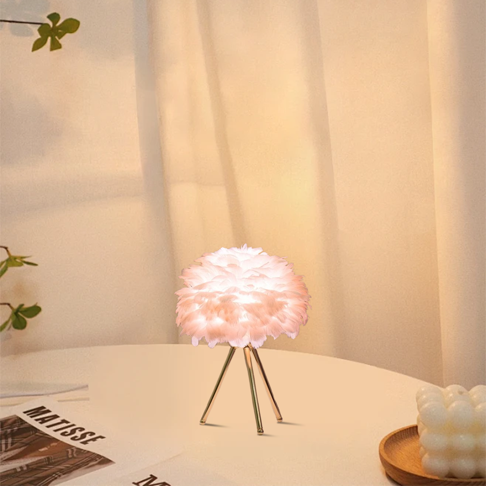 Table Lamp – Feather& Metal Tripod Base for Children's Room/Bedroom