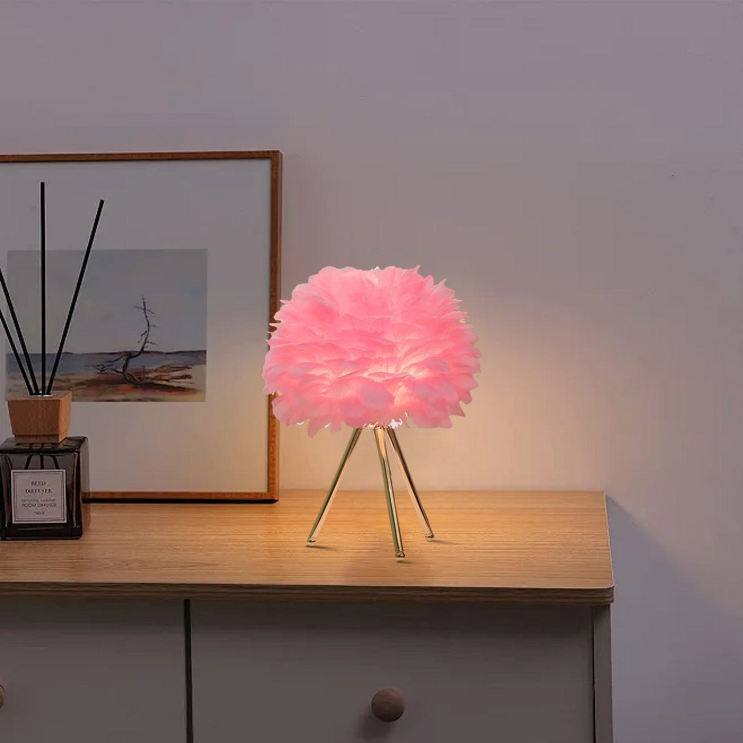  Table Lamp – Feather& Metal Tripod Base for Children's Room/Bedroom