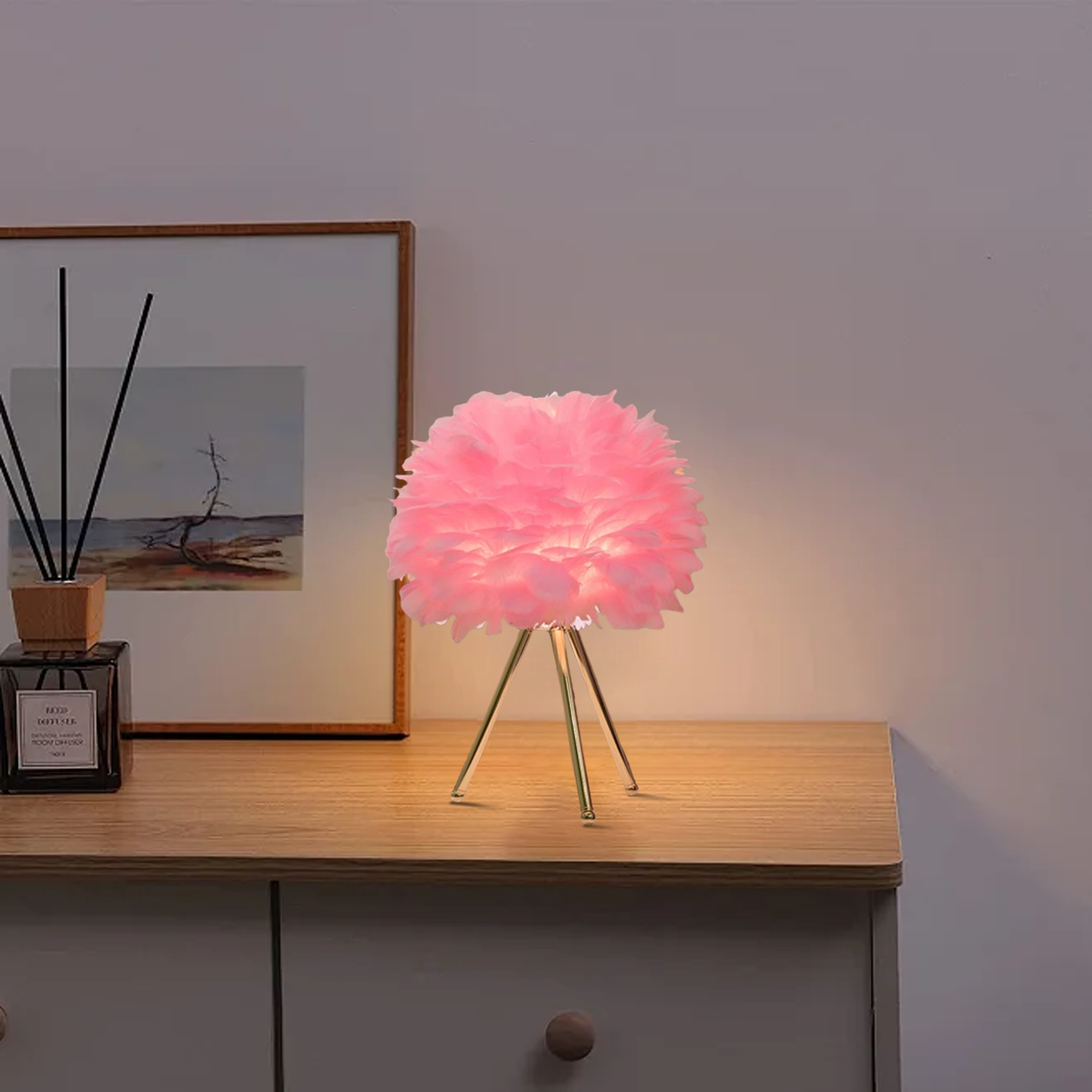  Table Lamp – Feather& Metal Tripod Base for Children's Room/Bedroom