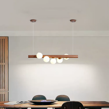 Modern Walnut Linear 5-Head Pendant Light for Dining Room