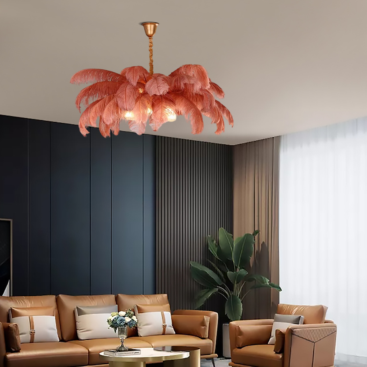 Lámpara colgante Morandia Art Deco — Latón/Pluma de 8 colores para dormitorio/comedor de lujo