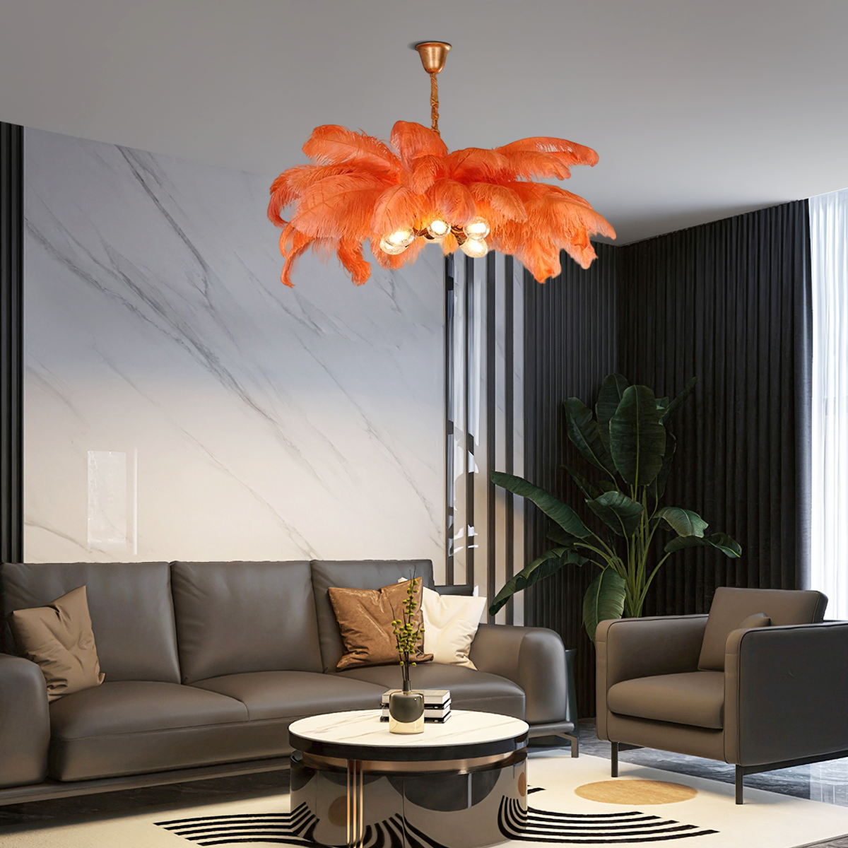 Art Deco Pendant Light —Orange Brass & Feather