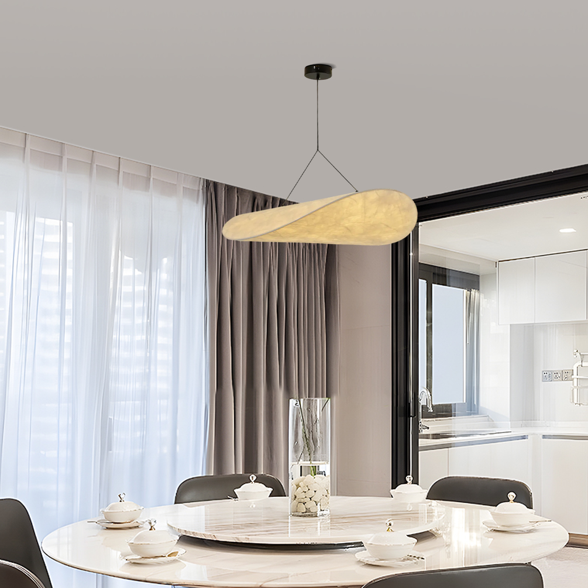 Art Deco White Pendant Light – Curved Metal 