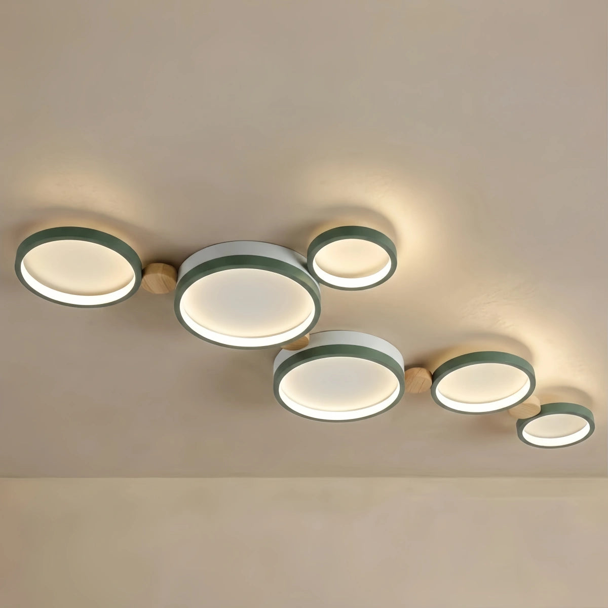 Arcato Modern Round Ceiling Light – Metal/Wood in Green/Grey/White for Living Room