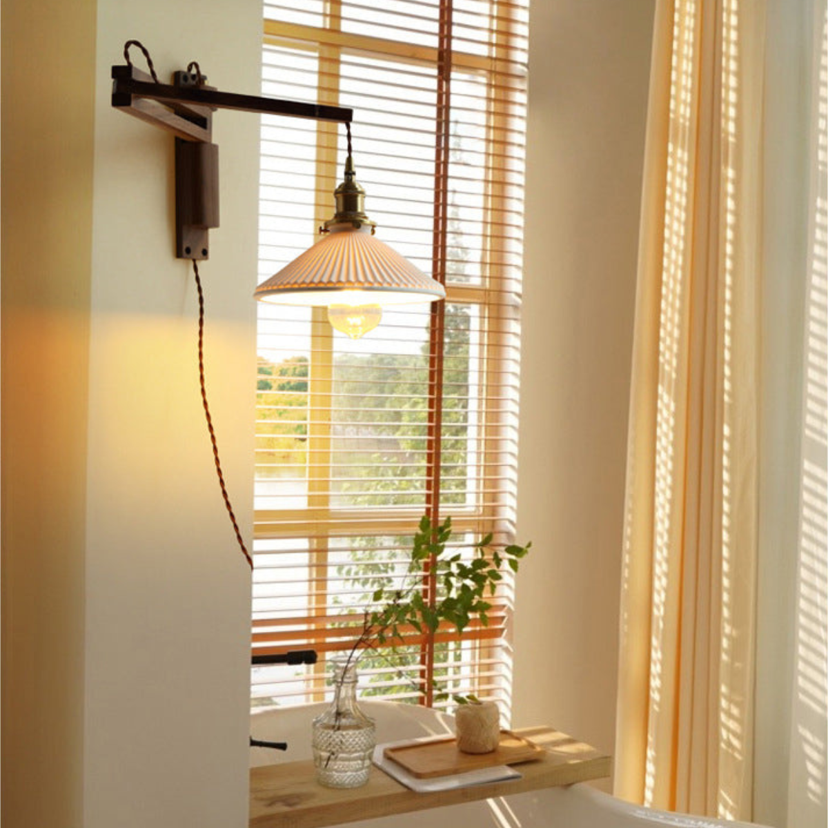 Wall Lamp — Walnut Wood & Ceramic Shade Bedroom