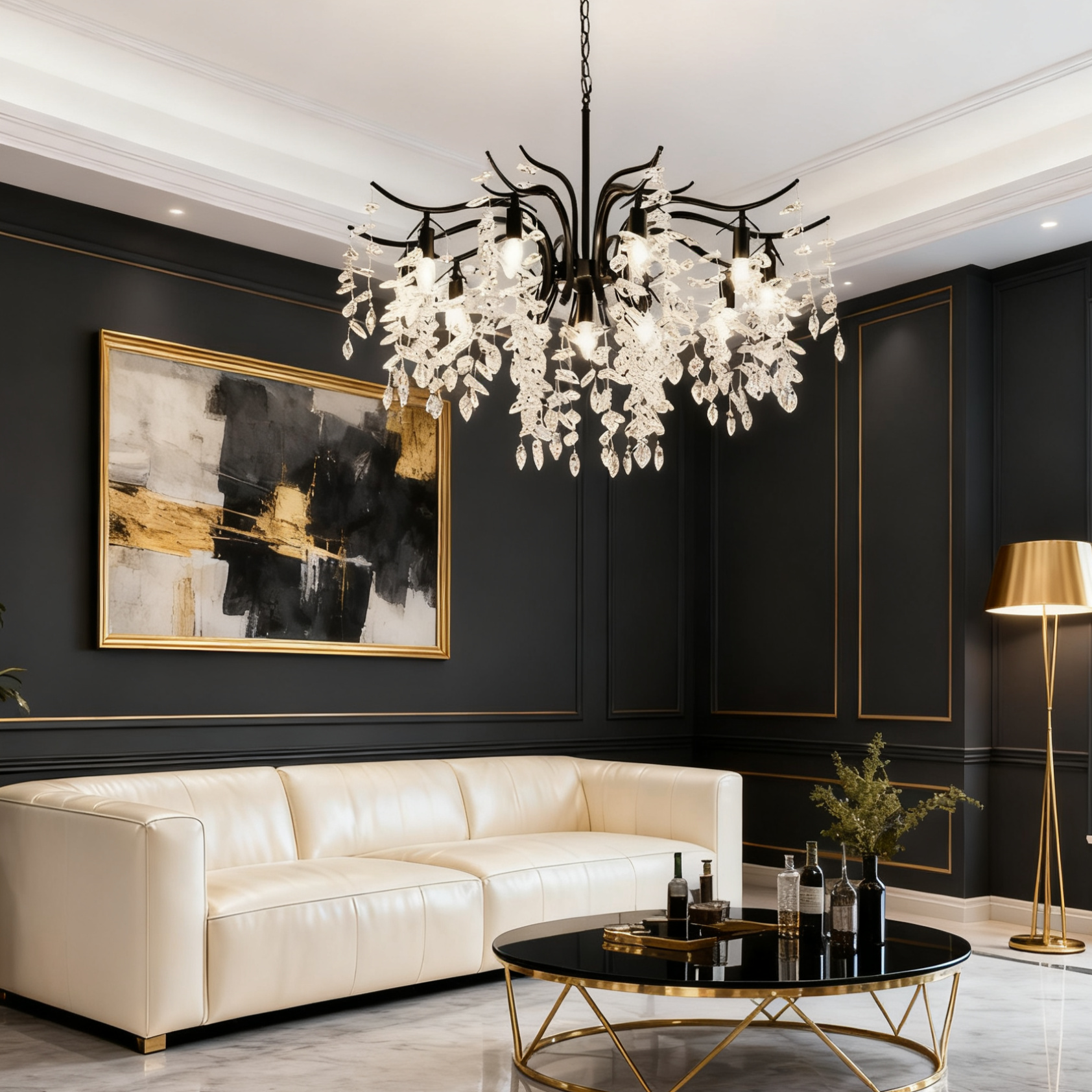 Royal Crystal Chandelier – Luxurious Black Finish for Living/Dining Room