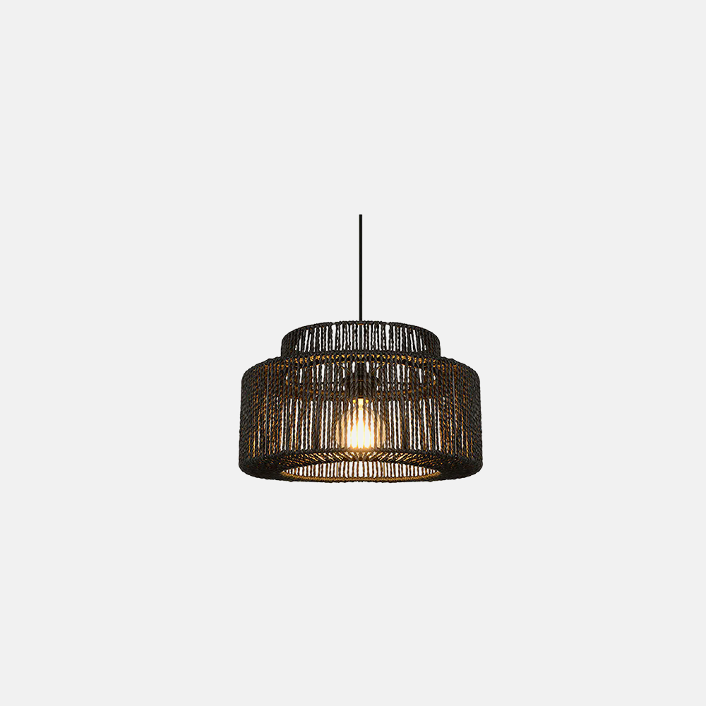 Drum Pendant Light — Black Metal & Rattan