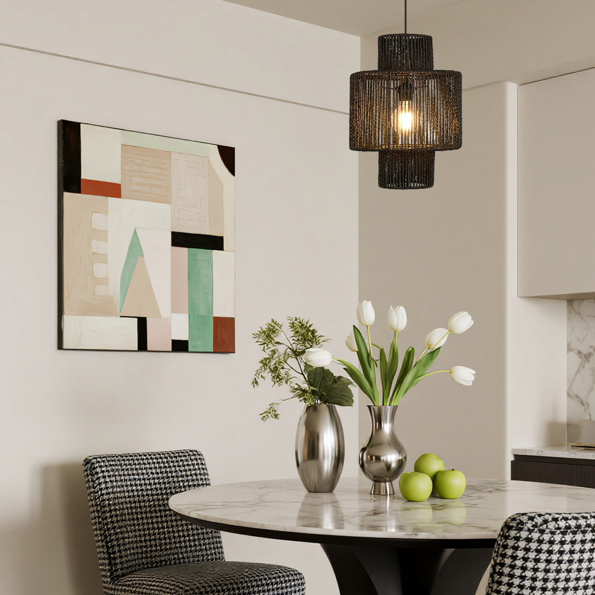  Pendant Light — Black Metal & Rattan for Dining Room