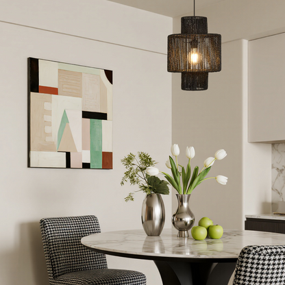  Pendant Light — Black Metal & Rattan for Dining Room