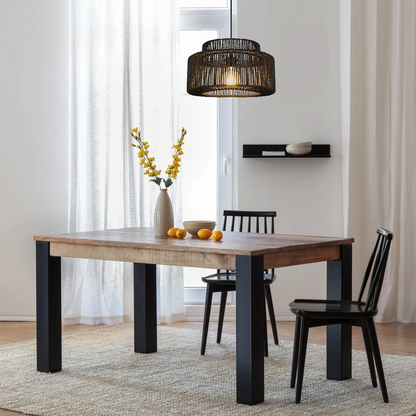  Pendant Light — Black Metal & Rattan for Dining Room
