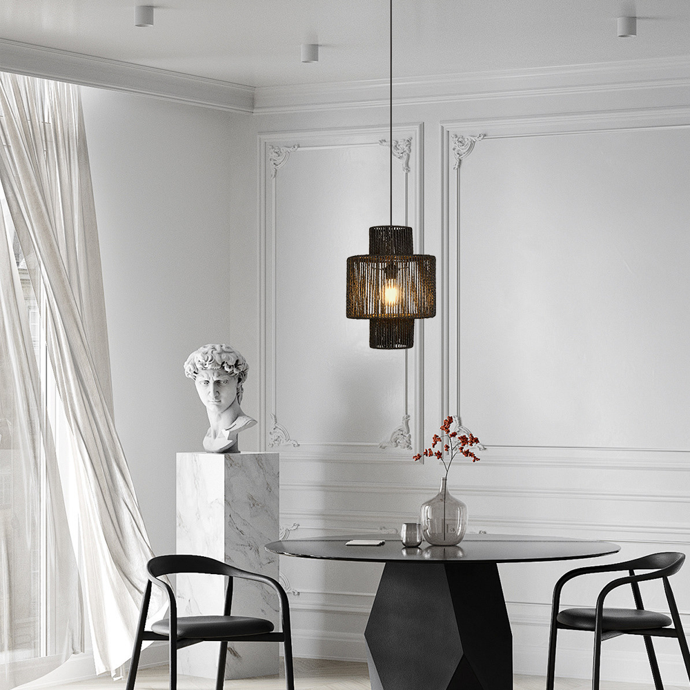  Pendant Light — Black Metal & Rattan for Dining Room