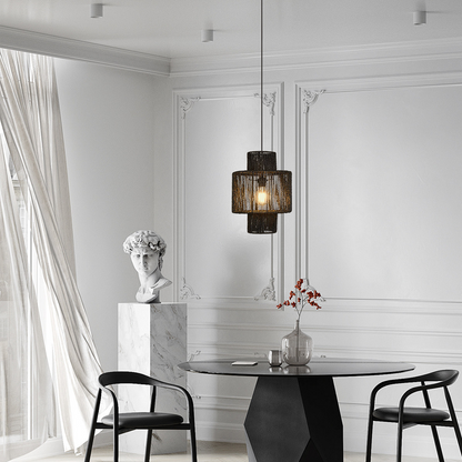  Pendant Light — Black Metal & Rattan for Dining Room