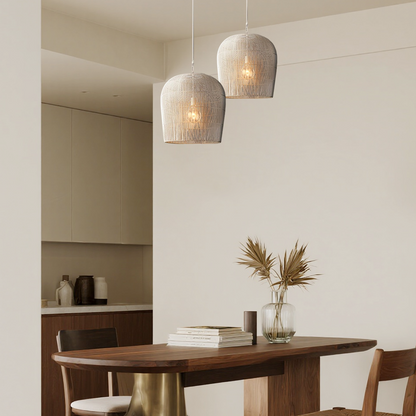 Hooded Pendant Light — Black/White Rattan for Bedroom/Dining Room