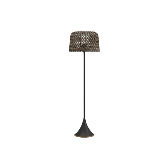 Bamburo Vintage Rattan Solar Outdoor Floor Lamp – Black Metal Hooded Terrace