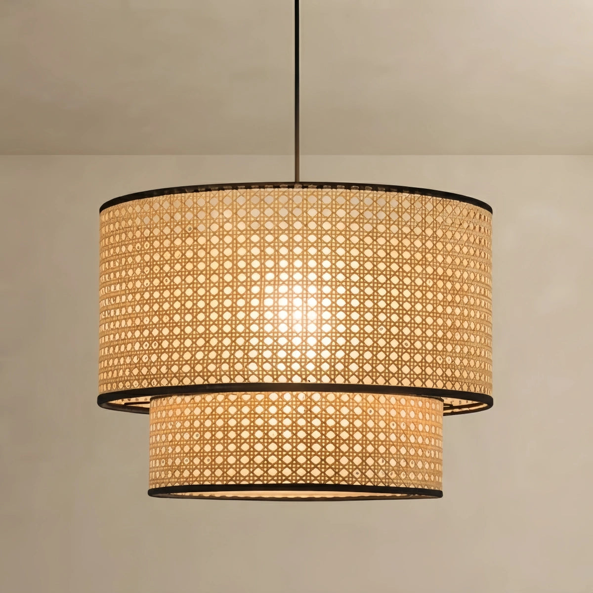 Bamburo Farmhouse Rattan Pendant Light - Double-Layer Wood Lantern for Dining Room