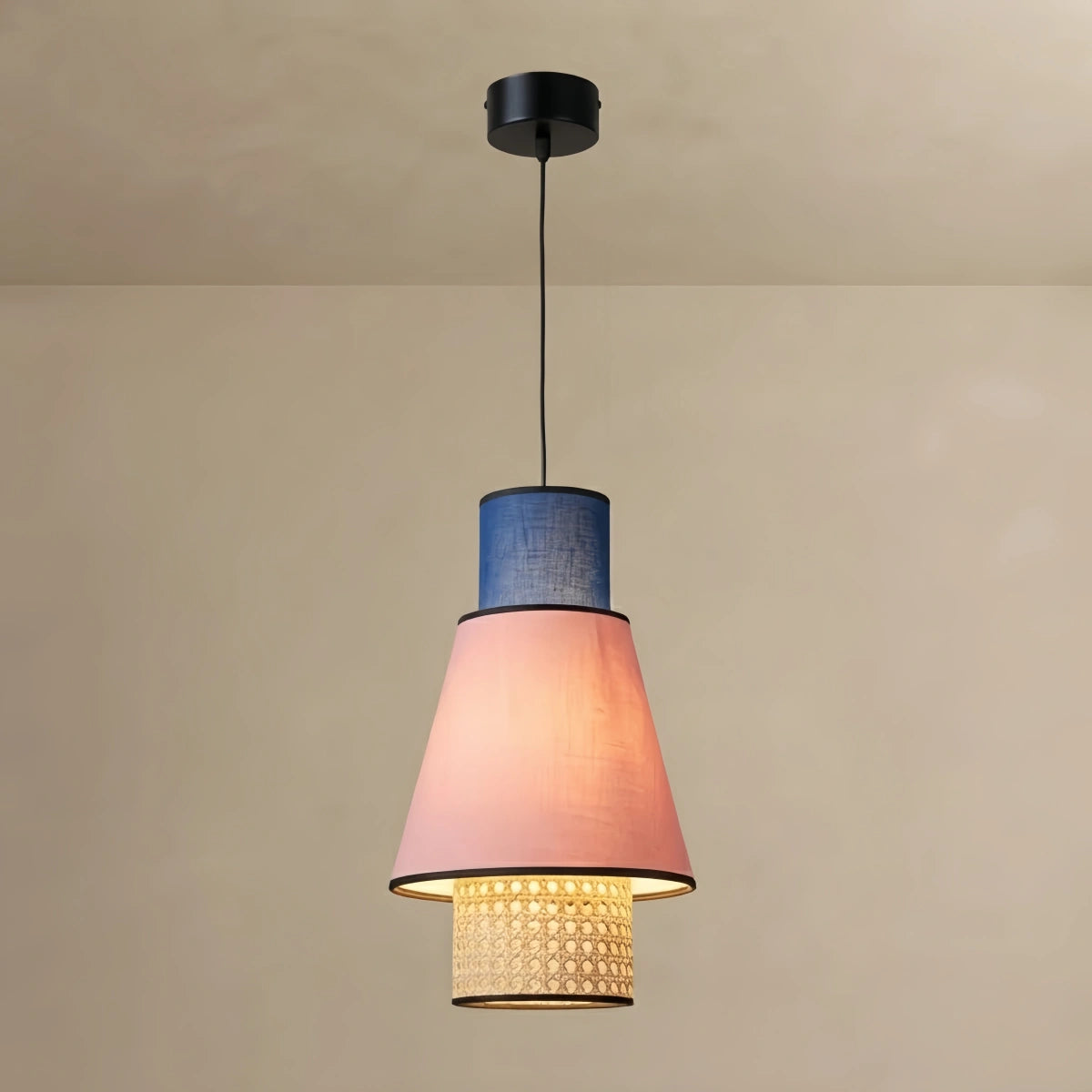 Bamburo Farmhouse Cylindrical Pendant Light - Fabric & Rattan Lantern for Dining Room