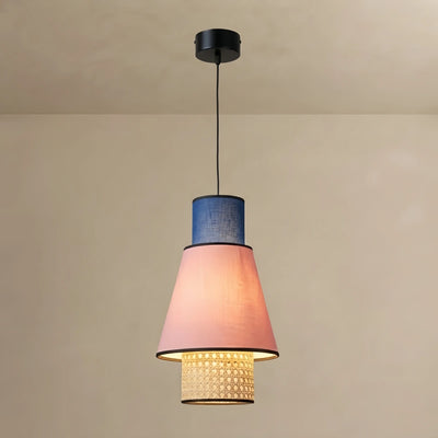 Bamburo Farmhouse Cylindrical Pendant Light - Fabric & Rattan Lantern for Dining Room