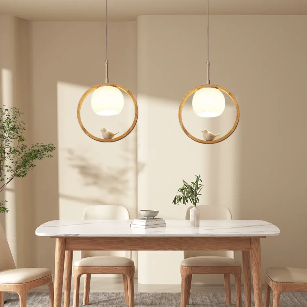 Wood Pendant Light – Metal Ring Design for Living Room