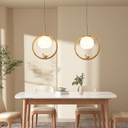 Wood Pendant Light – Metal Ring Design for Living Room