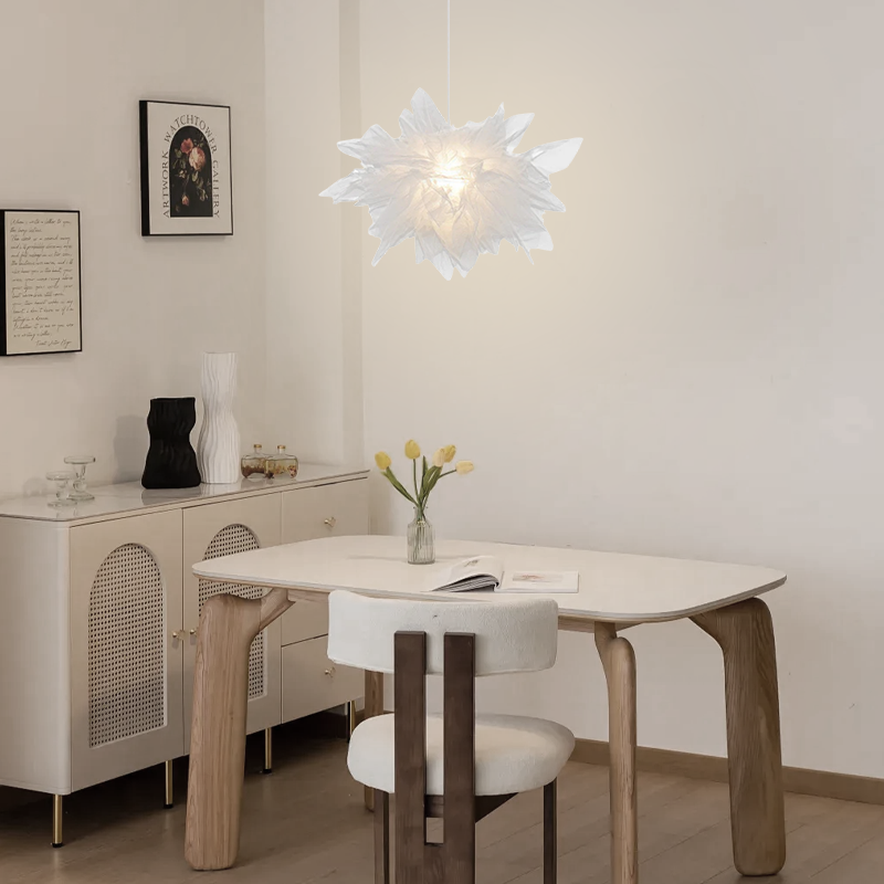 Lunara Art Deco Pendant Light – White Metal Floral with Organza Shade for Bedroom