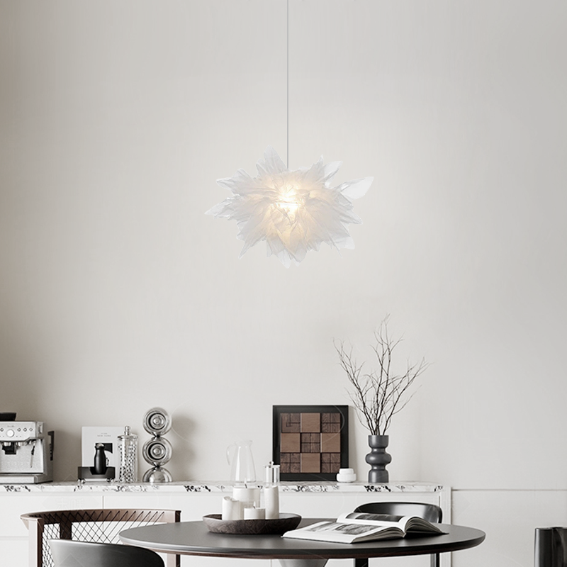 Lunara Art Deco Pendant Light – White Metal Floral with Organza Shade for Bedroom