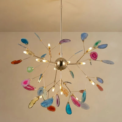 Excelis Art Deco Natural Agate Chandelier - Leaf Design in Blue/Green/Colorful