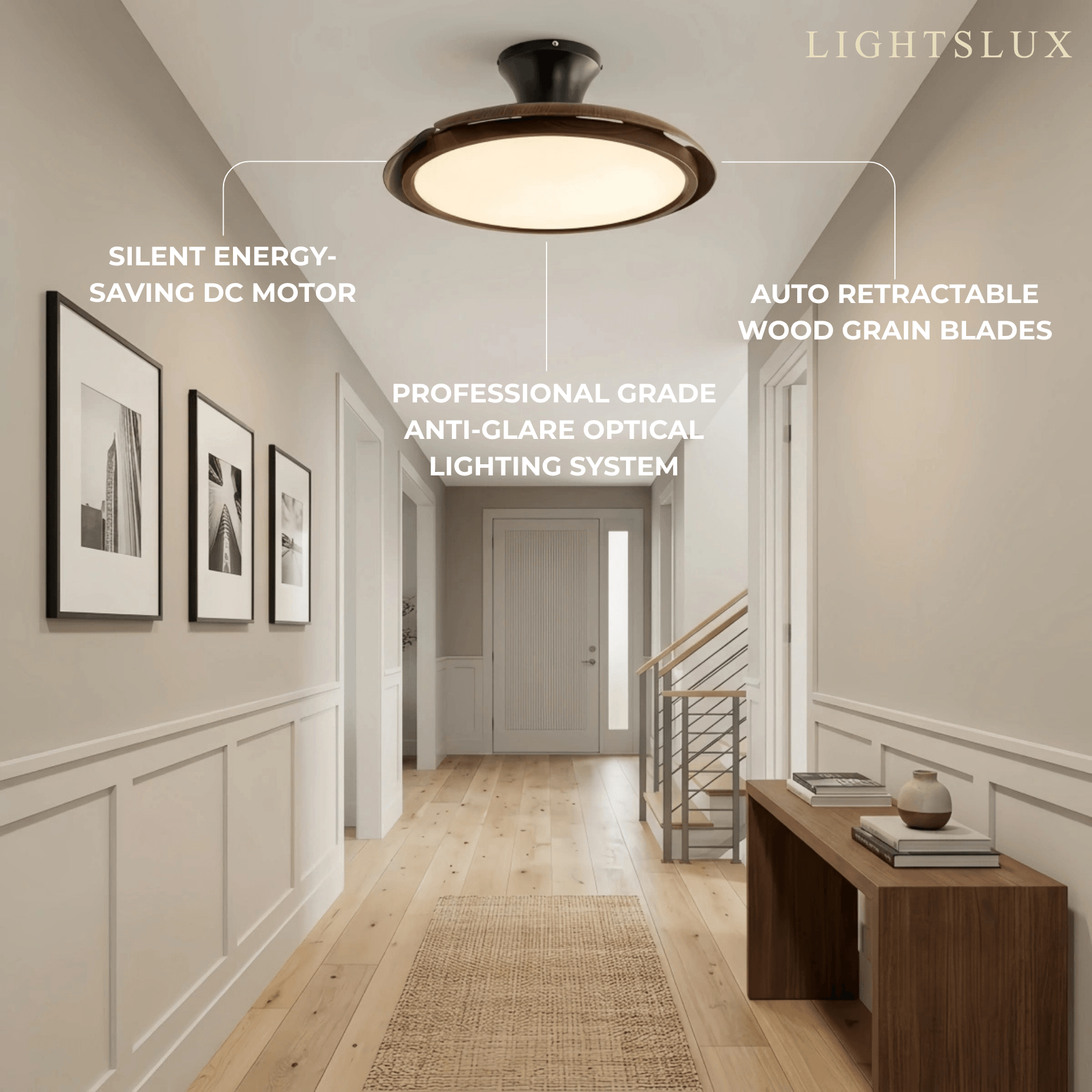 Zenno Modern Ceiling Fan Light -- Walnut Wood & Black PVC with LED for Hallway