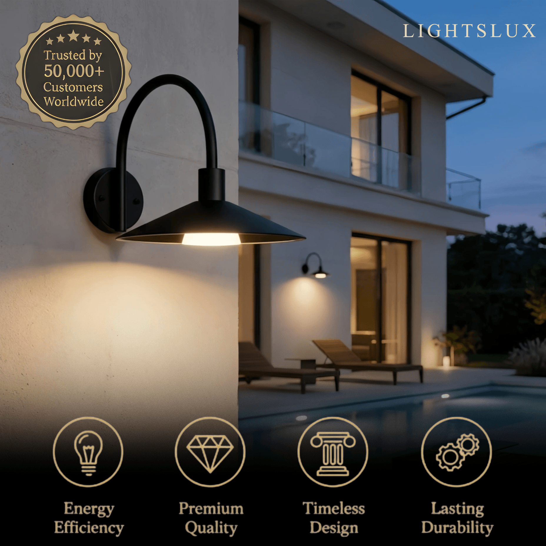 NU011Solara Minimalist Arched Arm Wall Sconce — Stainless Steel Gold/Black