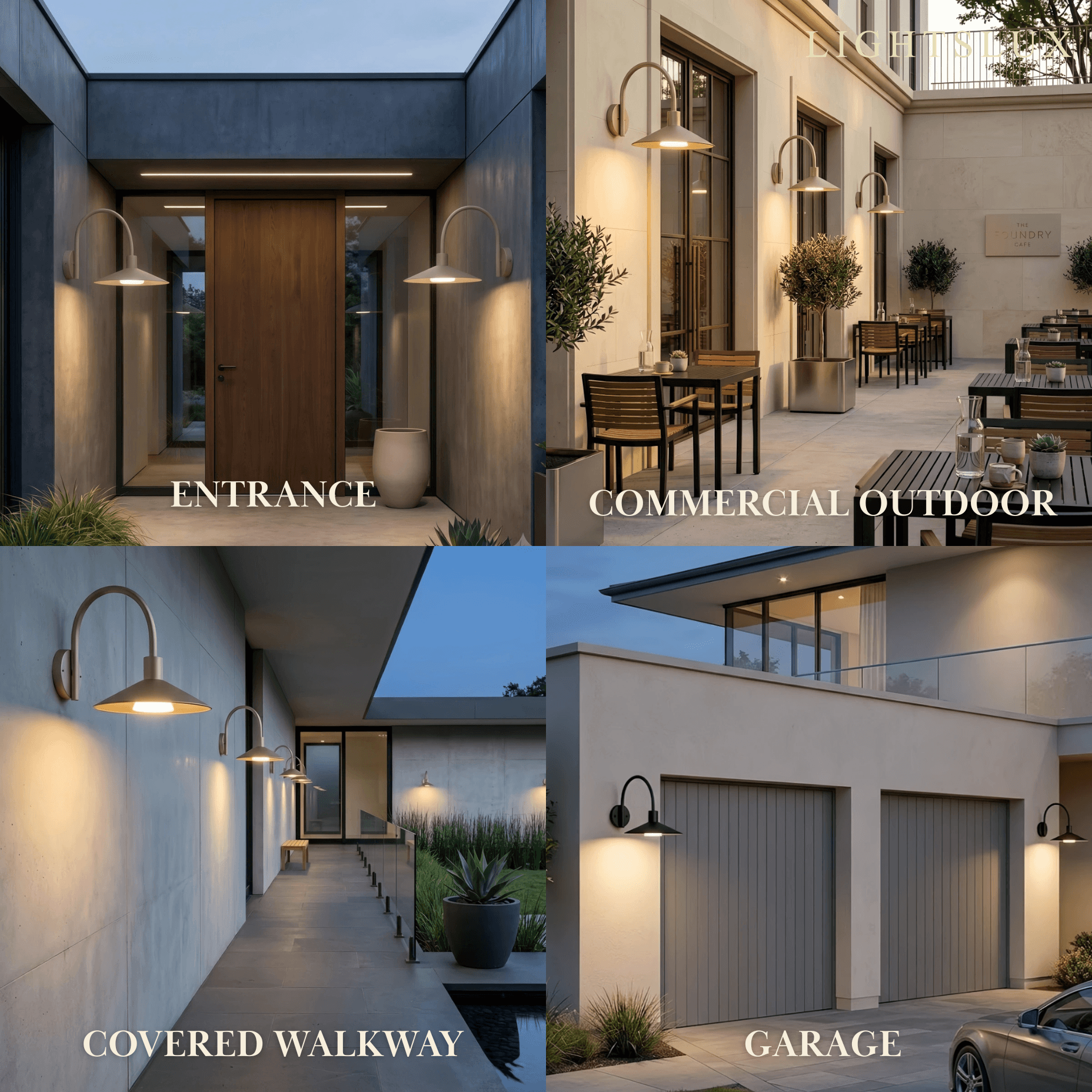 Solara Minimalist Arched Arm Wall Sconce — Stainless Steel Gold/Black Outdoor