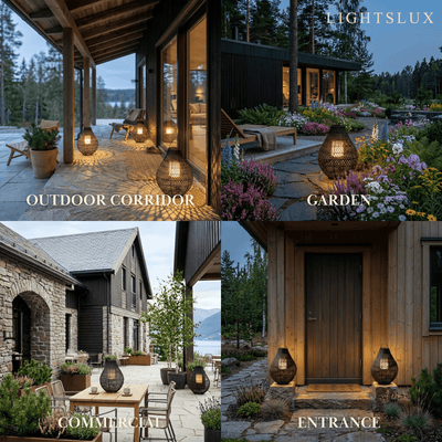Solara Natural Handwoven Rattan Solar Lantern Floor Lamp -- Black for Garden Outdoor