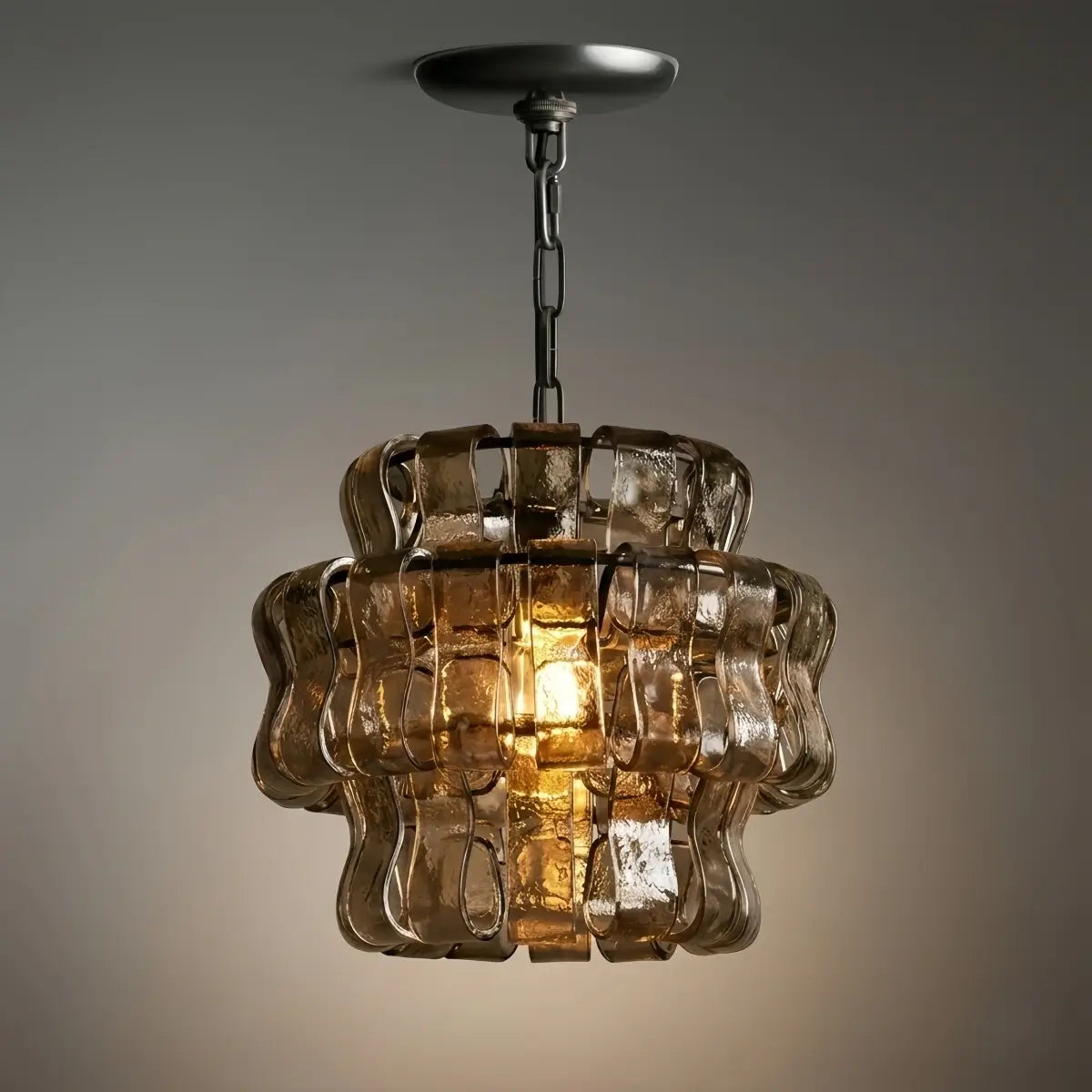 Art Deco Pendant Light -- Curved Textured Glass & Electroplated Brass