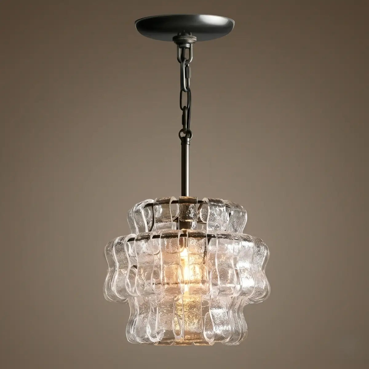 Art Deco Pendant Light -- Curved Textured Glass & Electroplated Brass