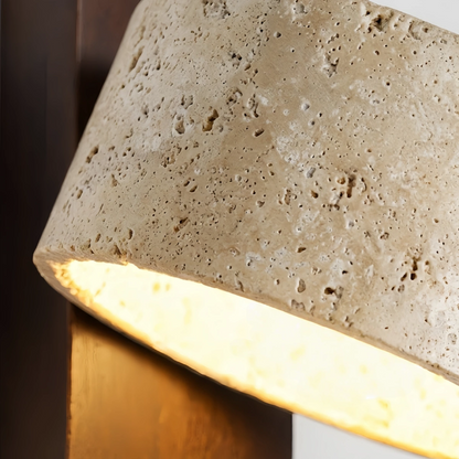 Strata Minimalistische Wandleuchte – Gelber Travertin & Holz für Schlafzimmer