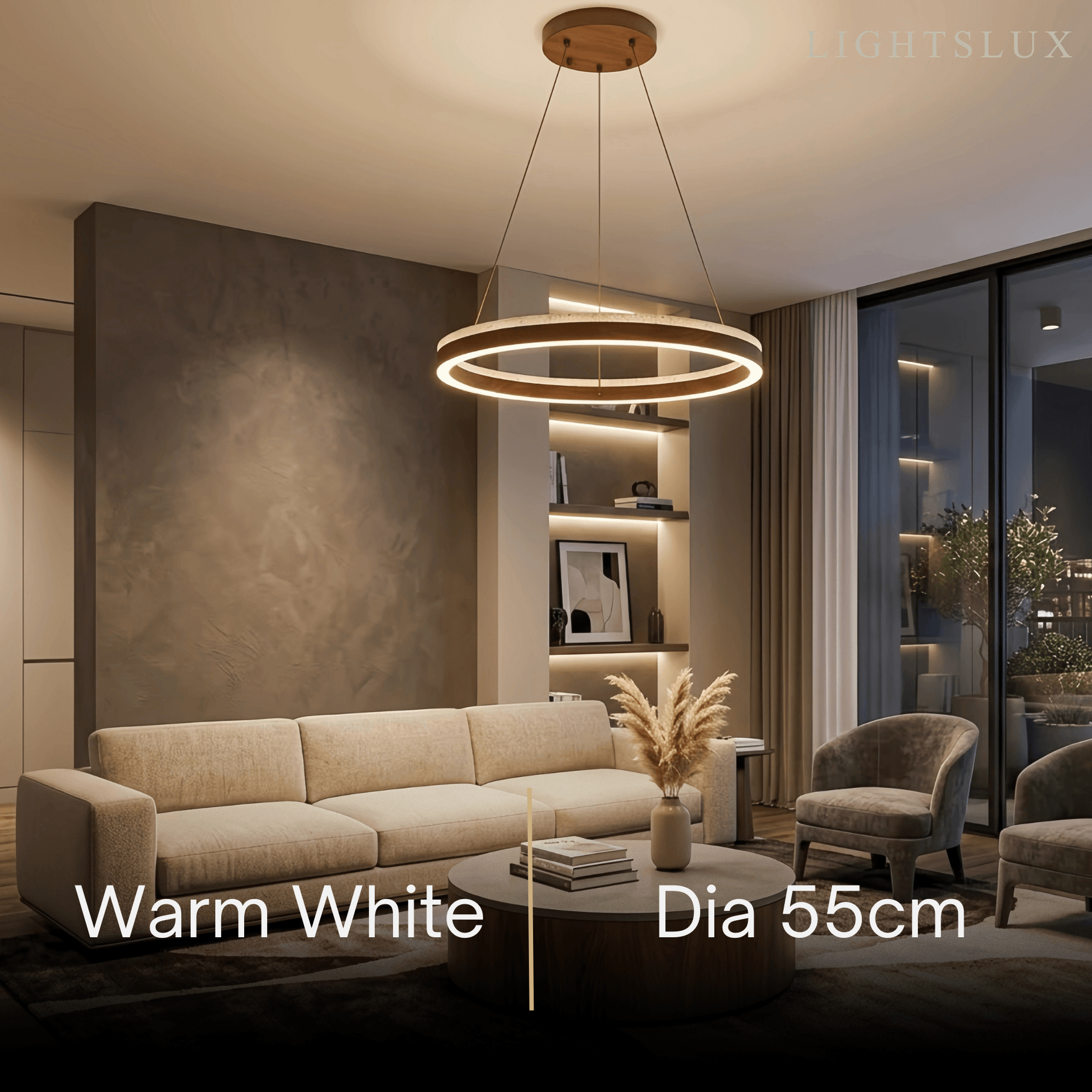 Minimalist Ring Chandelier – Travertine & Wood Walnut Beige