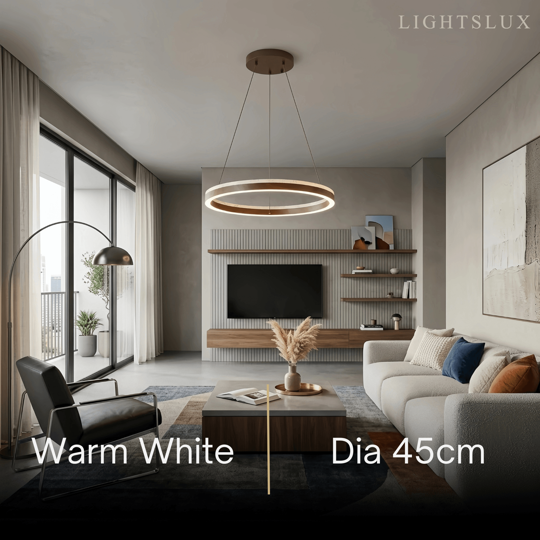Minimalist Ring Chandelier – Travertine & Wood Walnut Beige