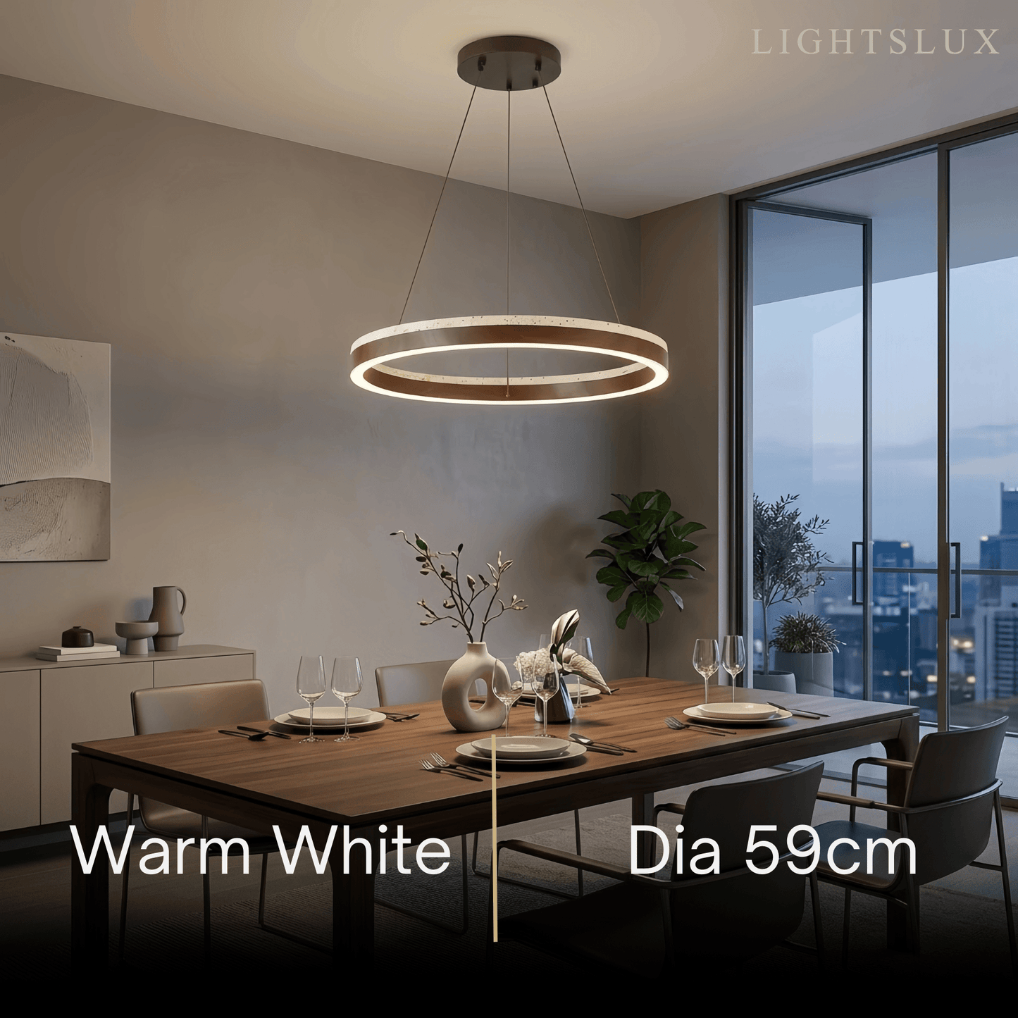 Minimalist Ring Chandelier – Travertine & Wood Walnut Beige