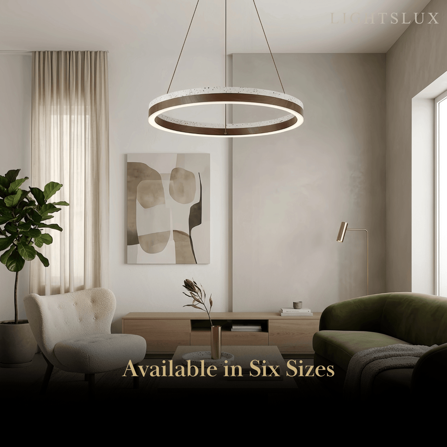 Minimalist Ring Chandelier – Travertine & Wood Walnut Beige