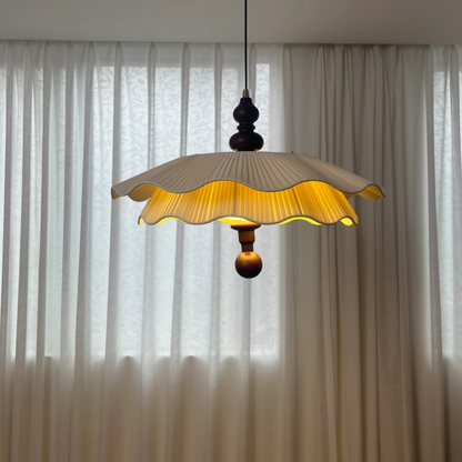 Modern Pleated Fabric Pendant Light– Wood Walnut White