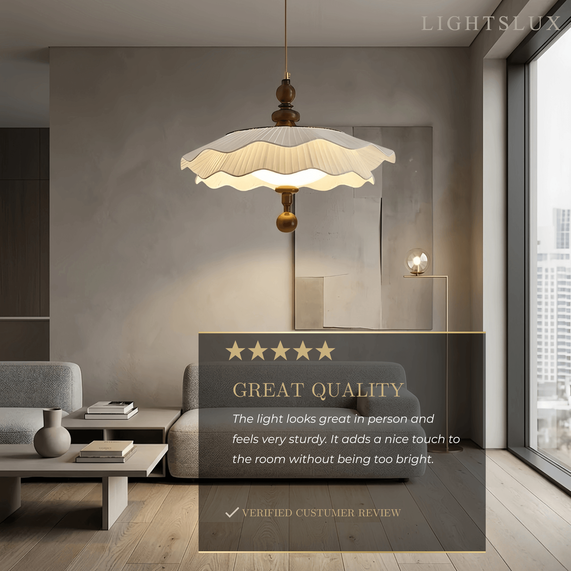 Modern Pleated Fabric Pendant Light– Wood Walnut White