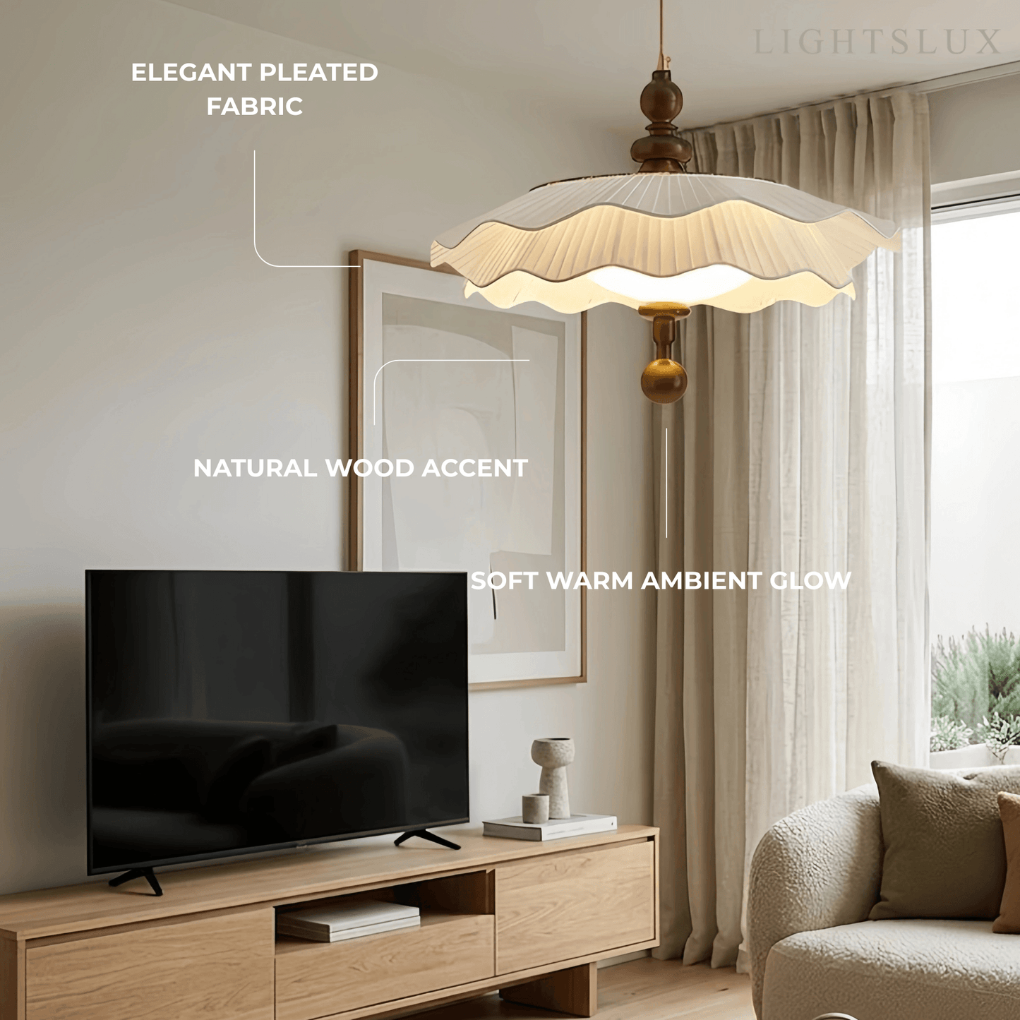 Modern Pleated Fabric Pendant Light– Wood Walnut White