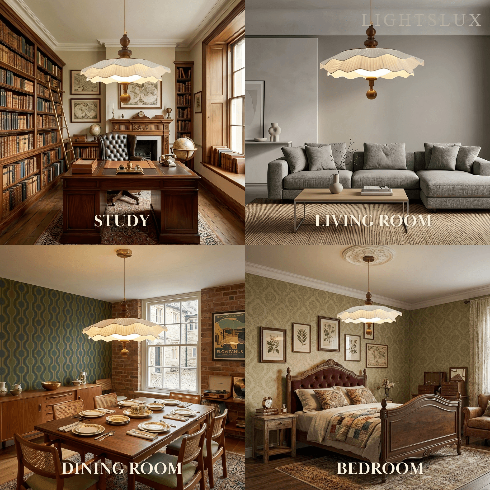 Modern Pleated Fabric Pendant Light– Wood Walnut White