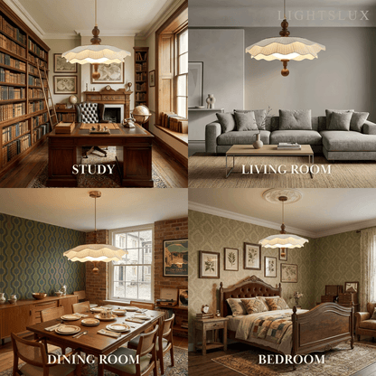 Modern Pleated Fabric Pendant Light– Wood Walnut White