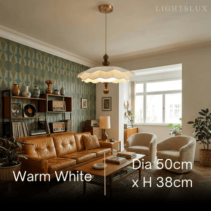 Modern Pleated Fabric Pendant Light– Wood Walnut White