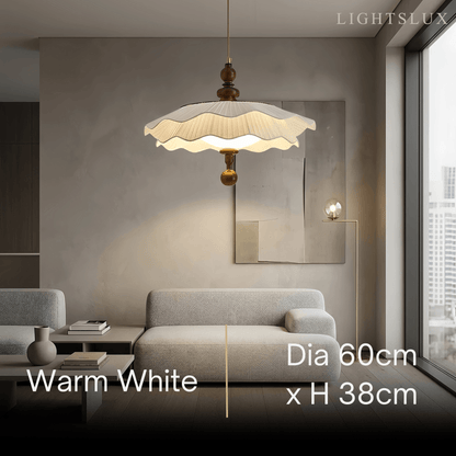 Modern Pleated Fabric Pendant Light– Wood Walnut White