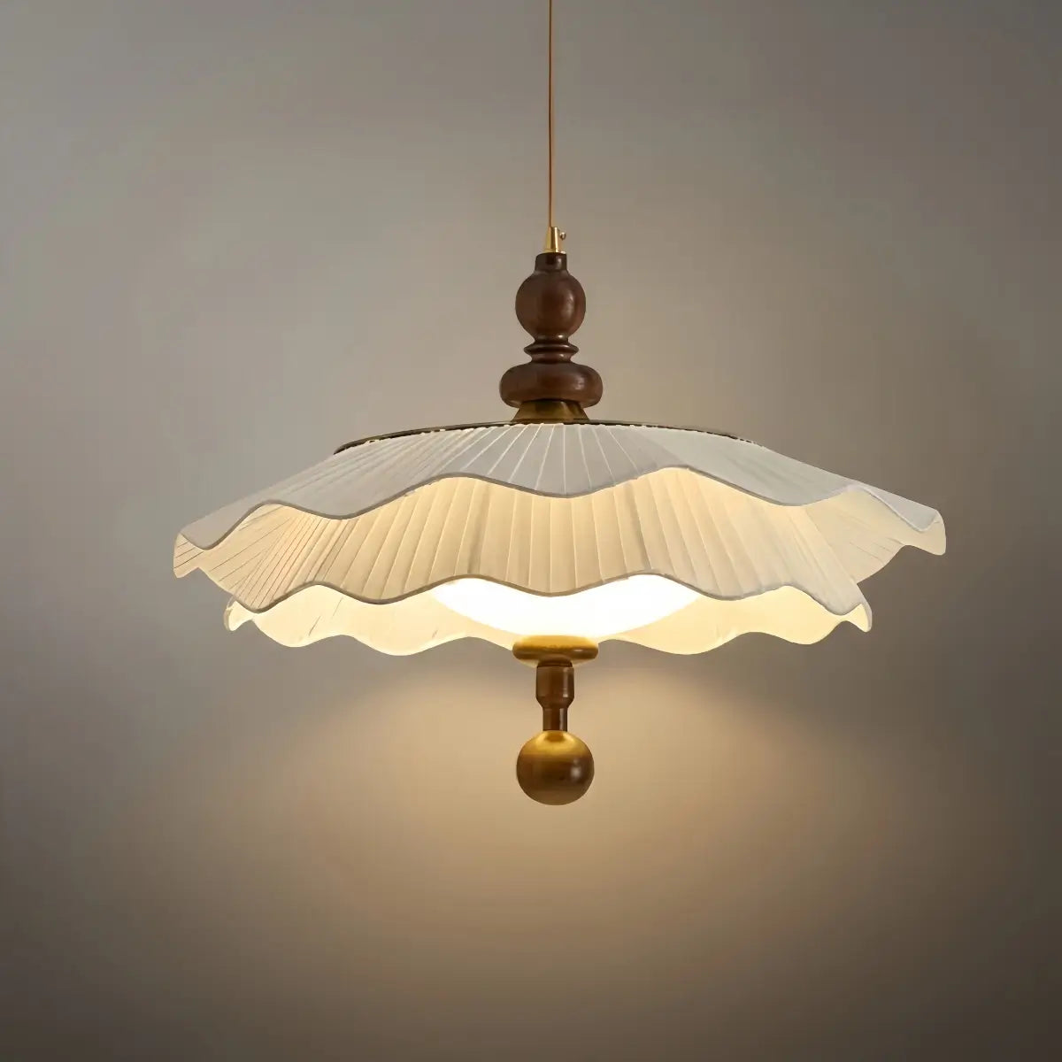 Modern Pleated Fabric Pendant Light– Wood Walnut White