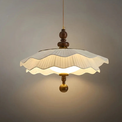 Modern Pleated Fabric Pendant Light– Wood Walnut White